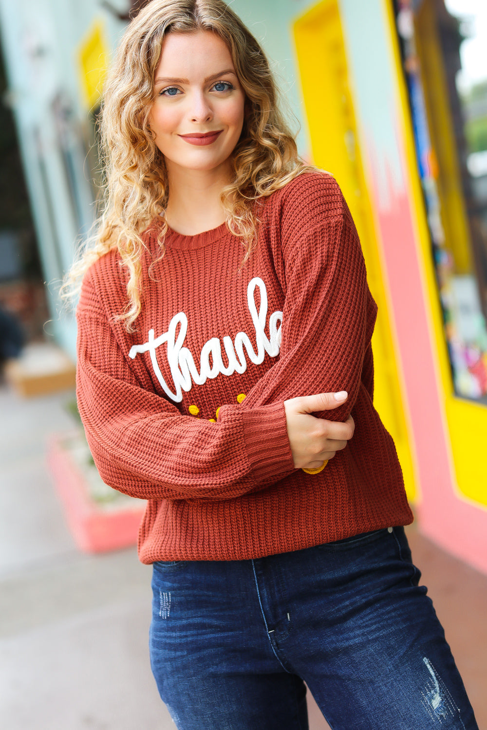 All I Want Thanksgiving Pop Up Embroidery Chunky Sweater