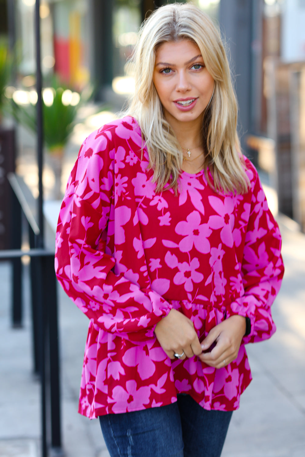 Red & Magenta Floral V Neck Woven Babydoll Top