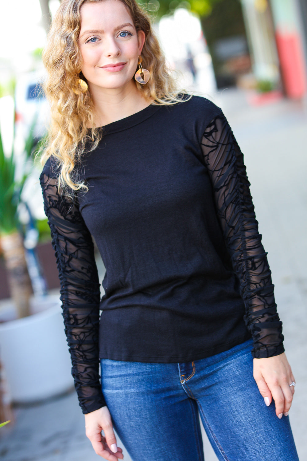 Can't Help But Love Black Shirred Velvet Mesh Blouse