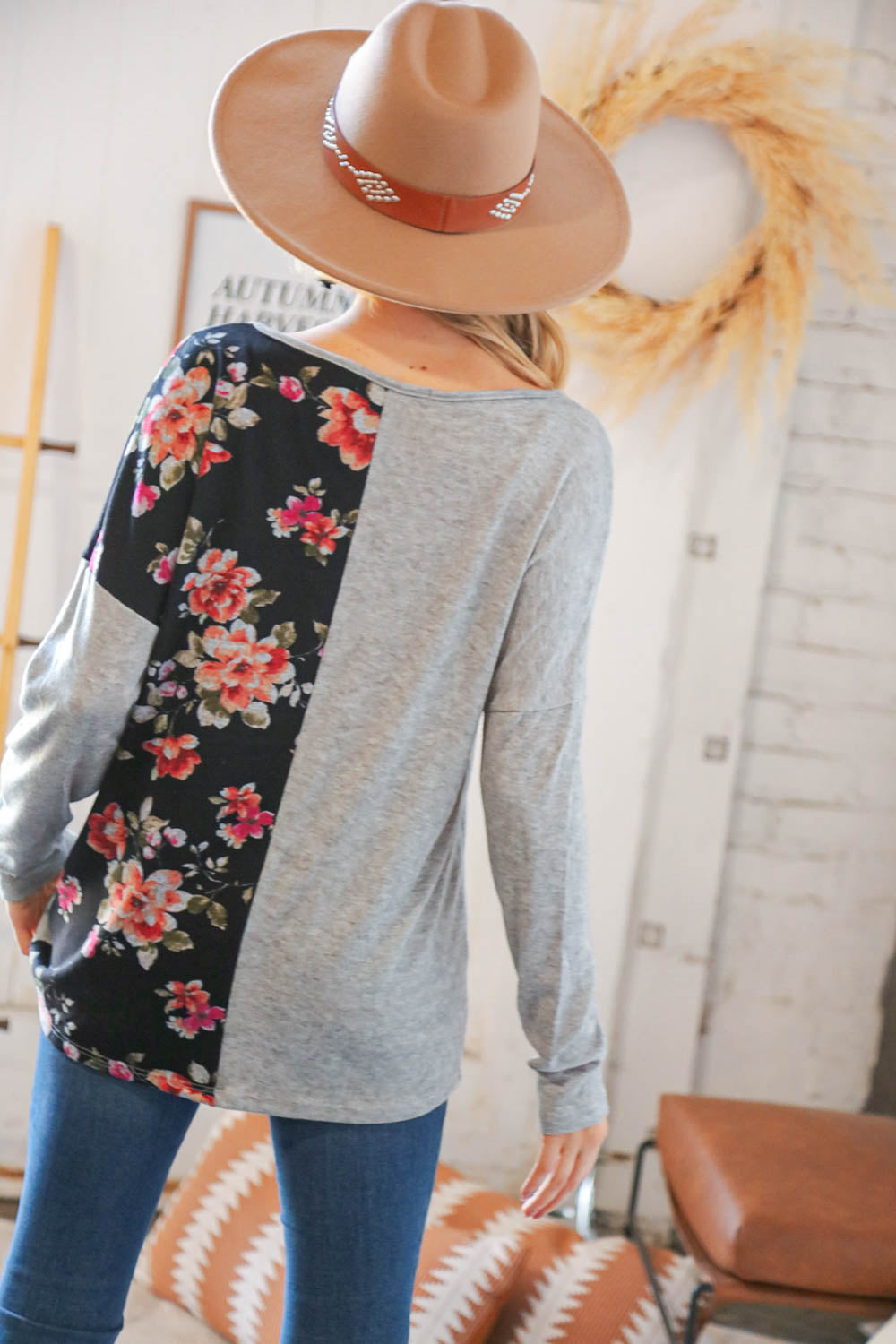 Grey & Black Floral Surplice Button Knit Top