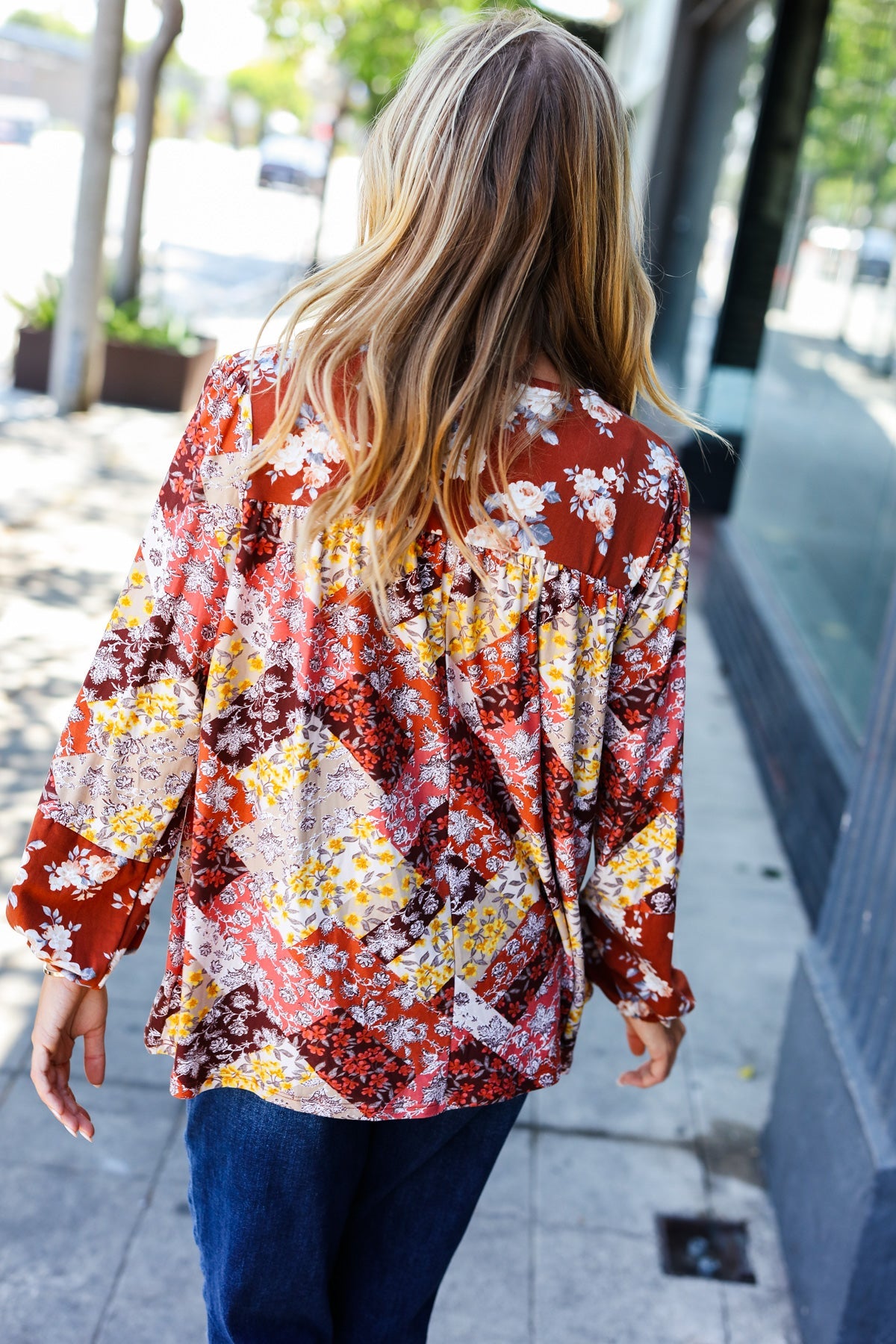 Rust Harvest Floral Patchwork V Neck Blouse