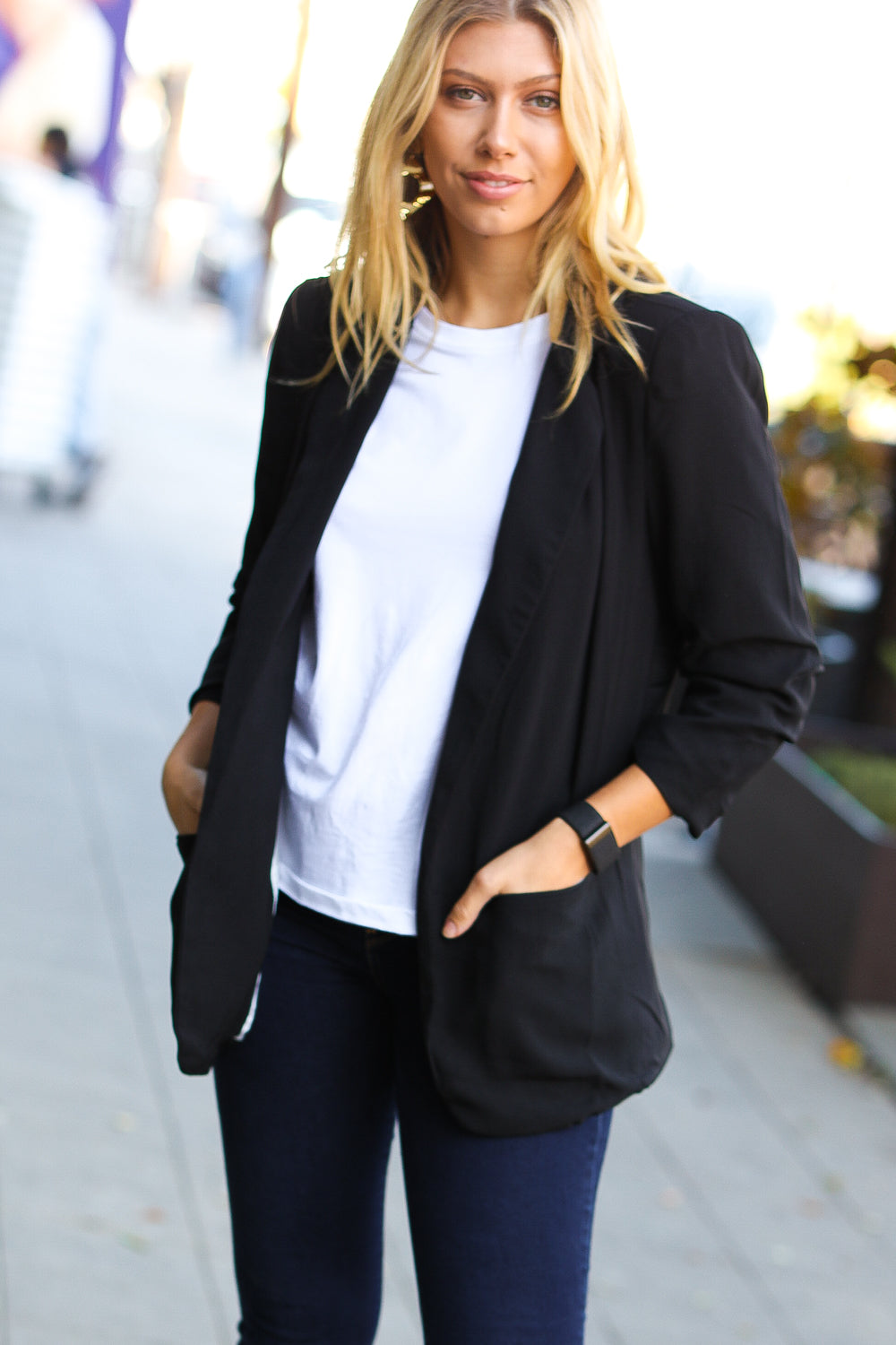 More To Love Black Notched Lapel Ruched Sleeve Blazer