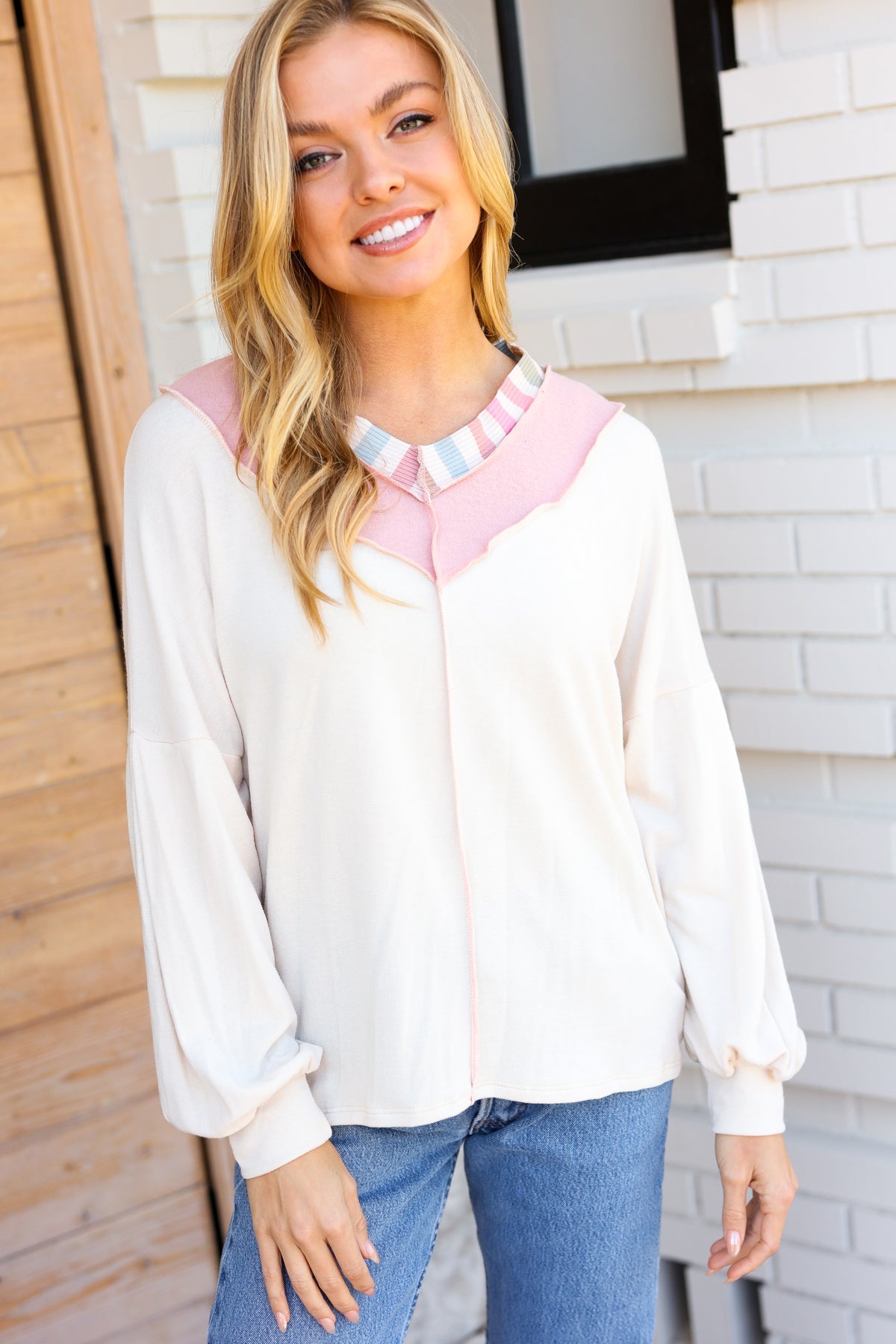 Champagne & Blush Rainbow Stripe Rib Chevron Top