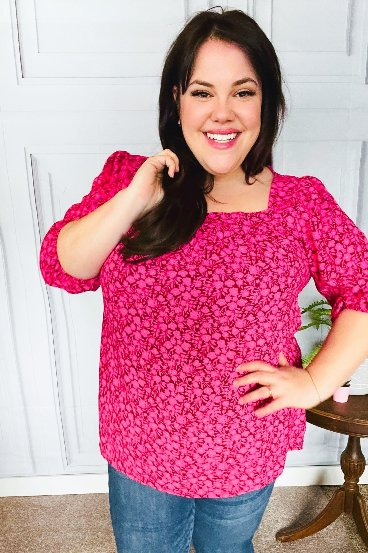 Perfectly You Fuchsia Floral Three Quarter Sleeve Square Neck Top