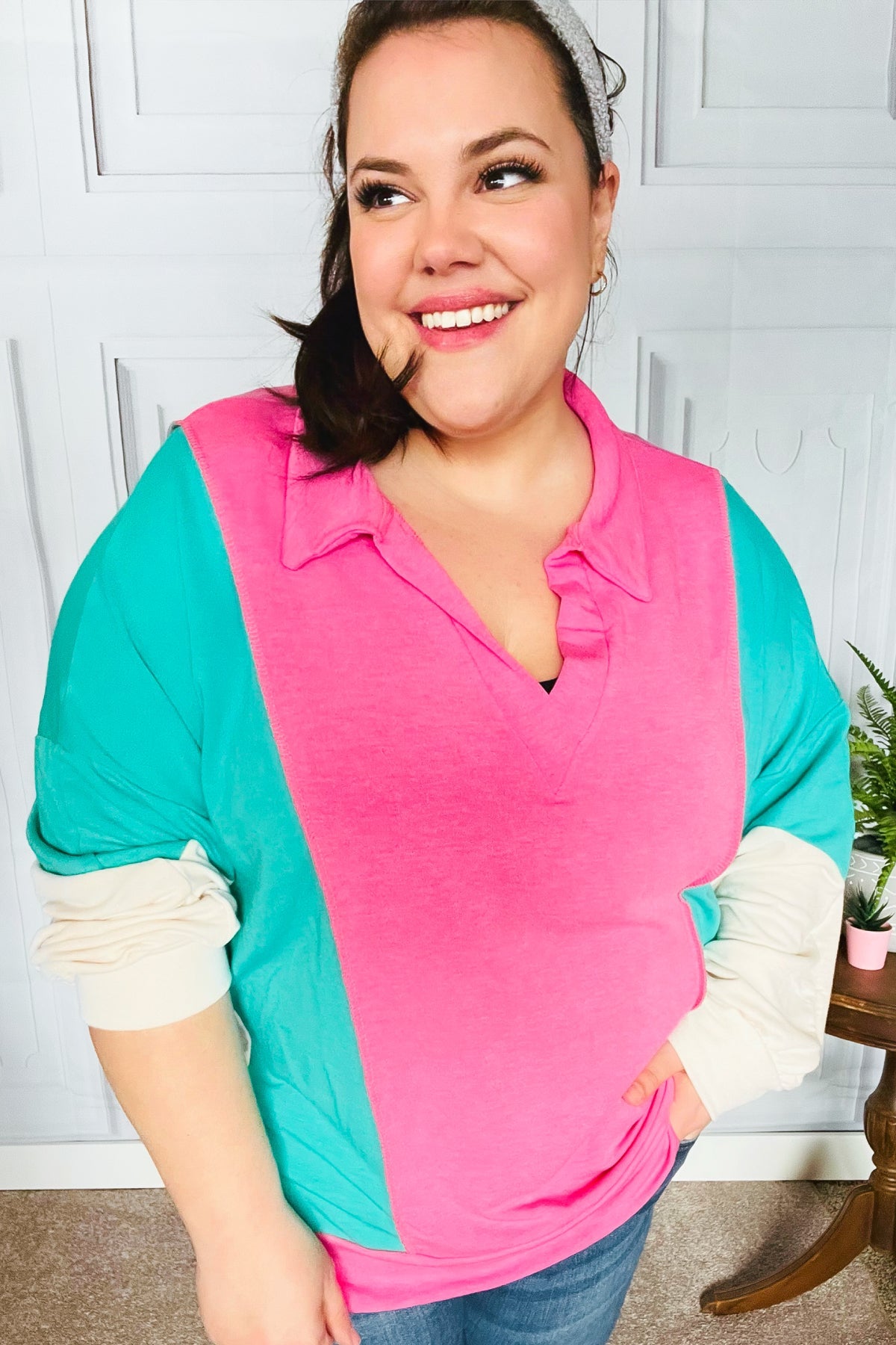 Stand Out Hot Pink & Mint V Neck Collared Terry Color Block Top